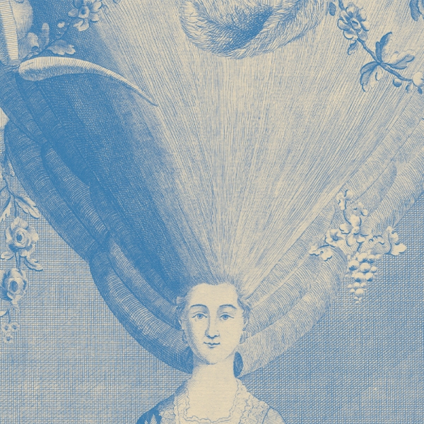Print depicting a comical coiffure towering impossibly high over a woman’s head that includes flowers, fruits, and feathers.