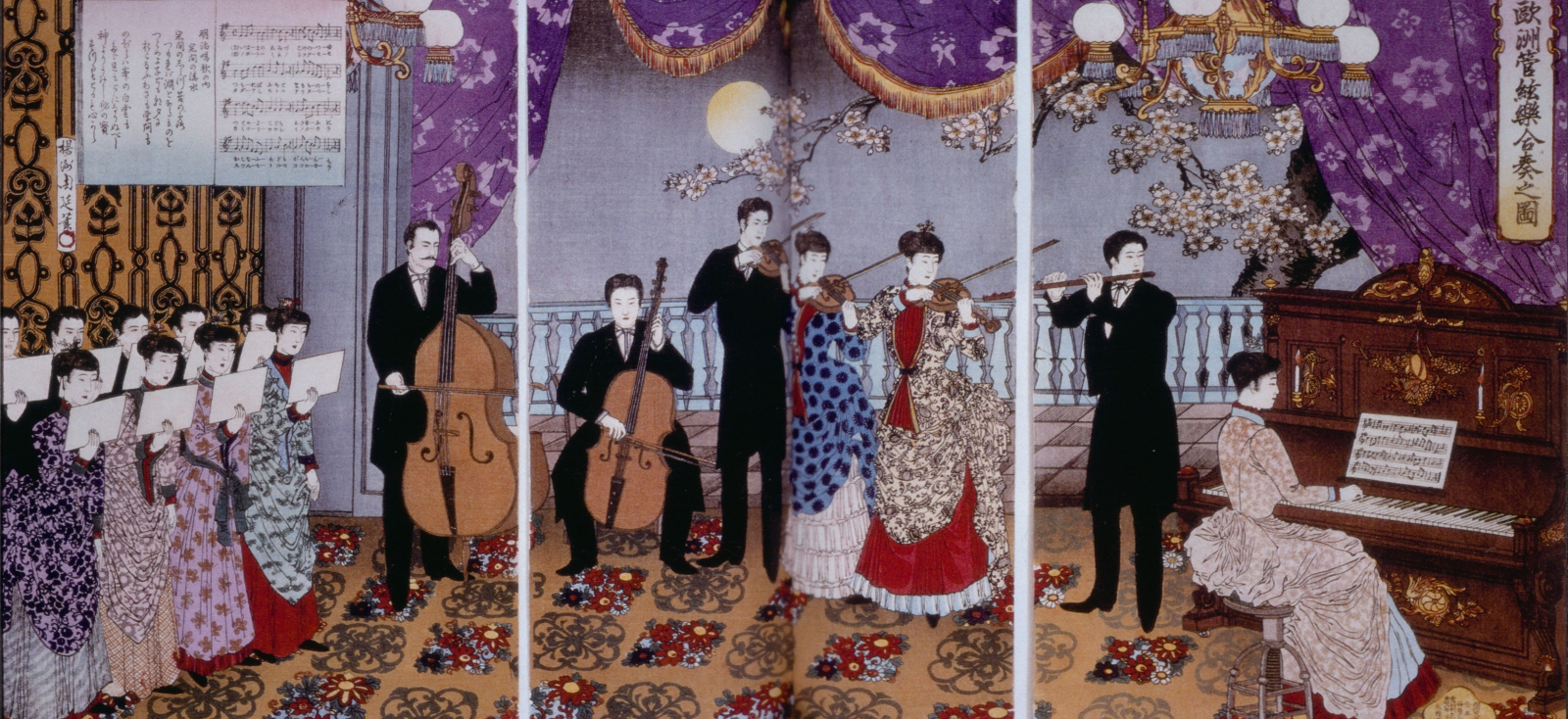 A triptych image of a colorful woodcut depicting a group of Japanese men and women in Western clothes performing a music concert. On the upper right corner includes Japanese texts, and on the upper left corner shows music notes. 