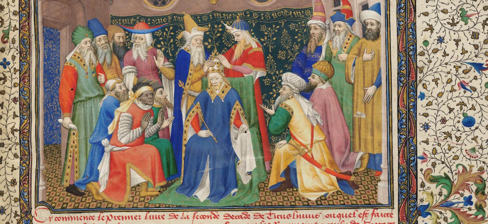 A page from "The Coronation of Hannibal”, illuminated by the Master of the Harvard Hannibal. Published in Paris, France, circa 1413-1415. 