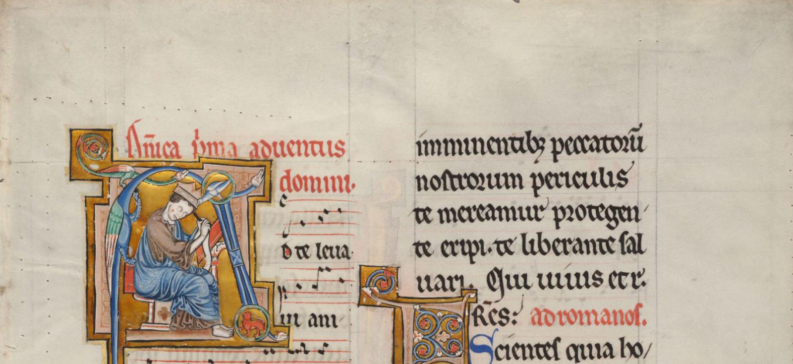 Historiated initial "A" featuring Gregory the Great. Detail from a leaf from the Noyon Missal.