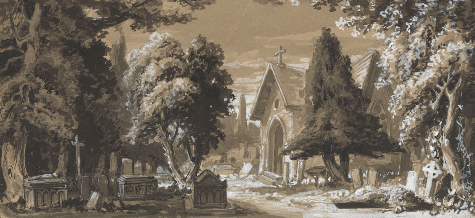 Drawing of the graveyard scene from a souvenir promptbook for Edwin Booth's "Hamlet," 1870