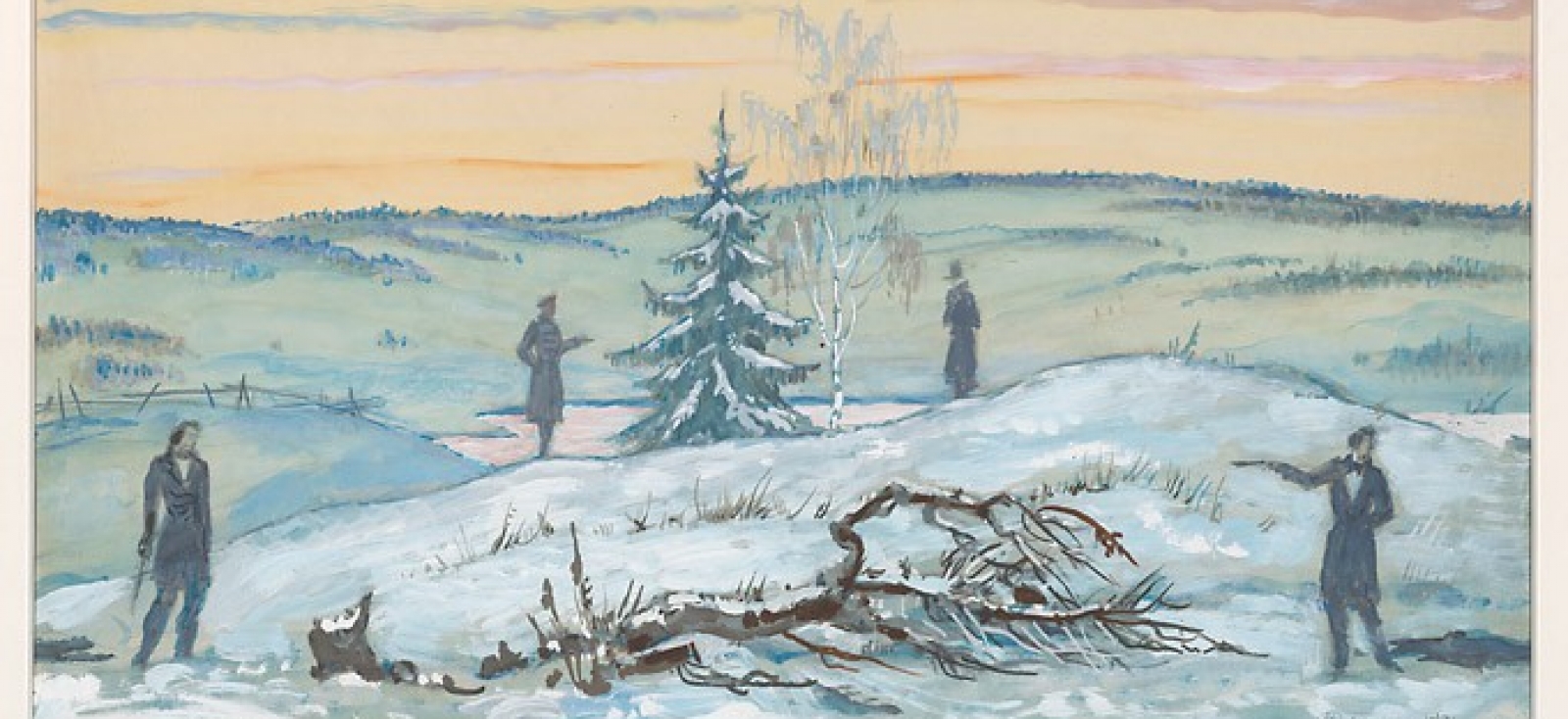 four figures in a snowy landscape with dead tree on ground in foreground