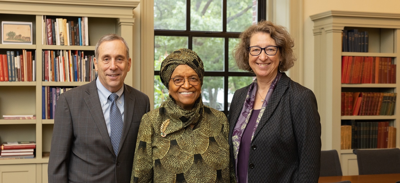 Harvard President Lawrence Bacow, President Ellen Johnson Sirleaf and Harvard Library Vice President Martha Whitehead