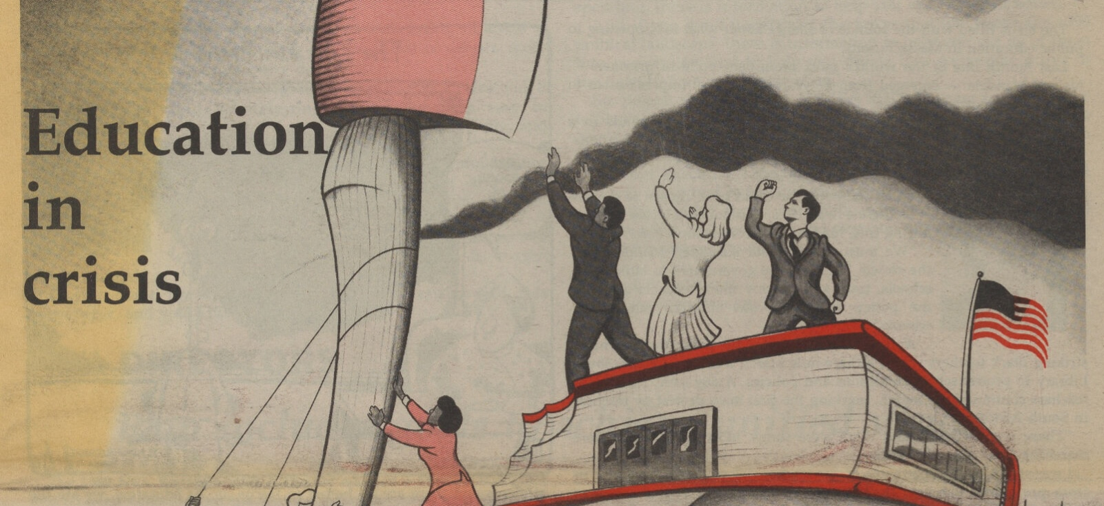 A scanned portion of a March 1990 issue of MTA Today showing in illustrating of an ax heading towards a book-shaped school with the headline "Education in crisis"