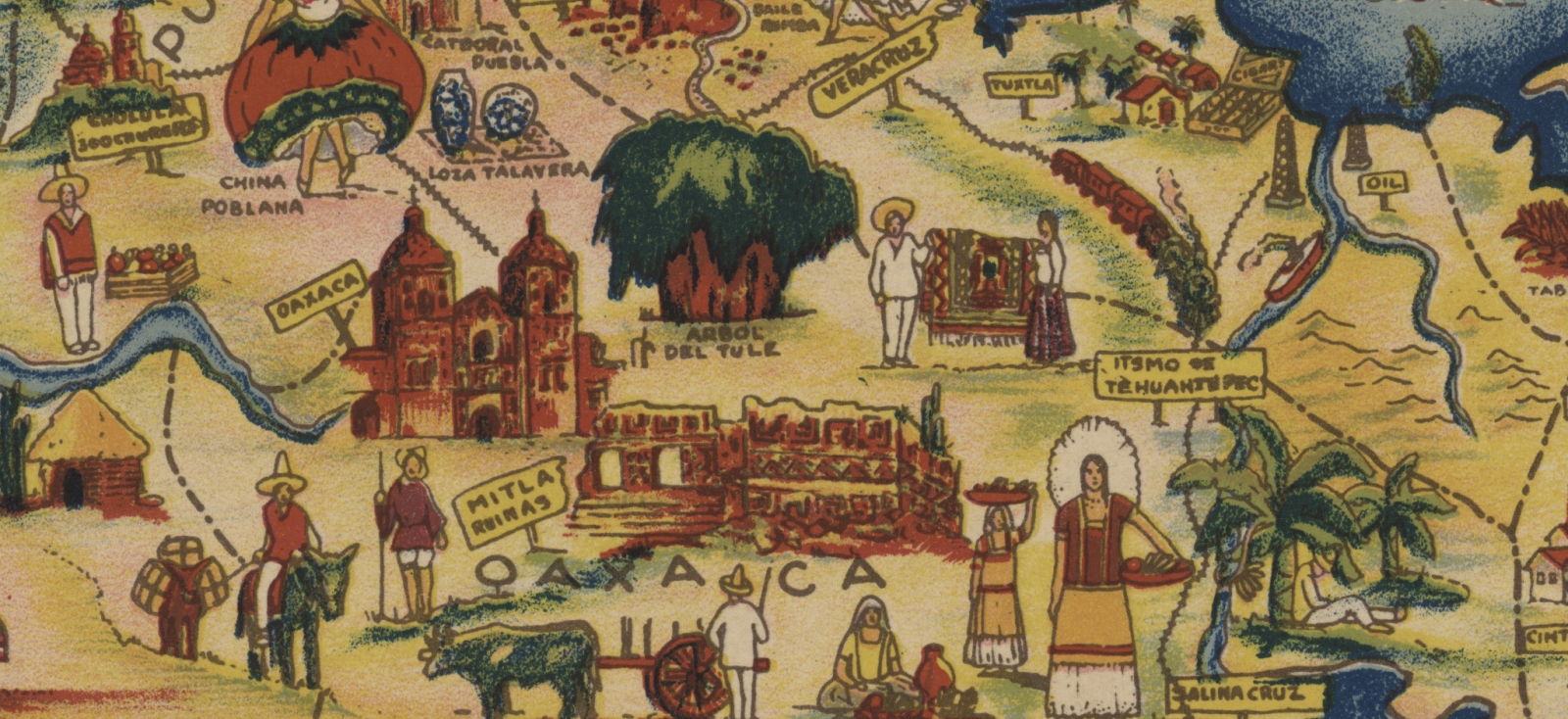 Pictorial map showing the area around Oaxaca, Mexico, with churches, trees, and people in traditional dress