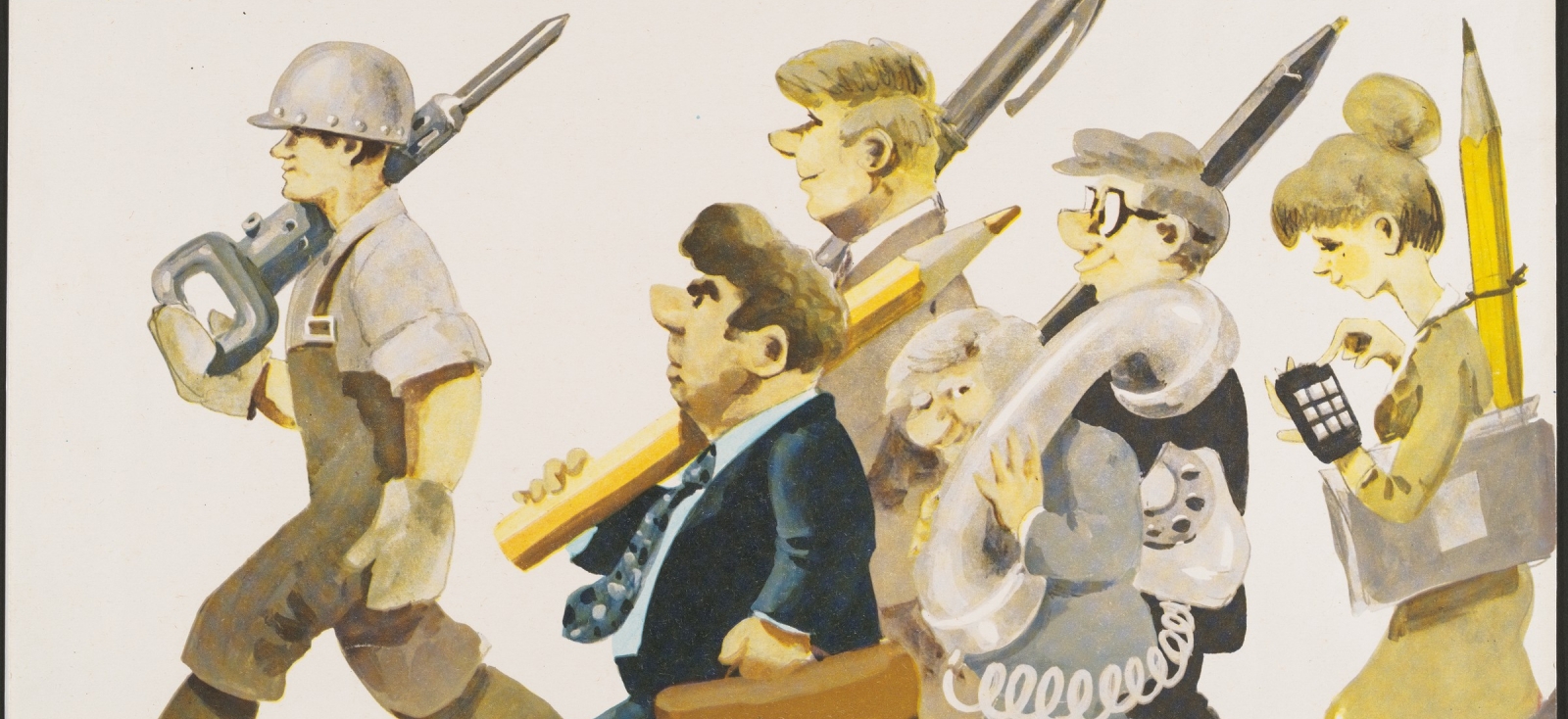 Four office workers carrying giant pens, pencils, and calculators walk behind factory worker carrying power tool