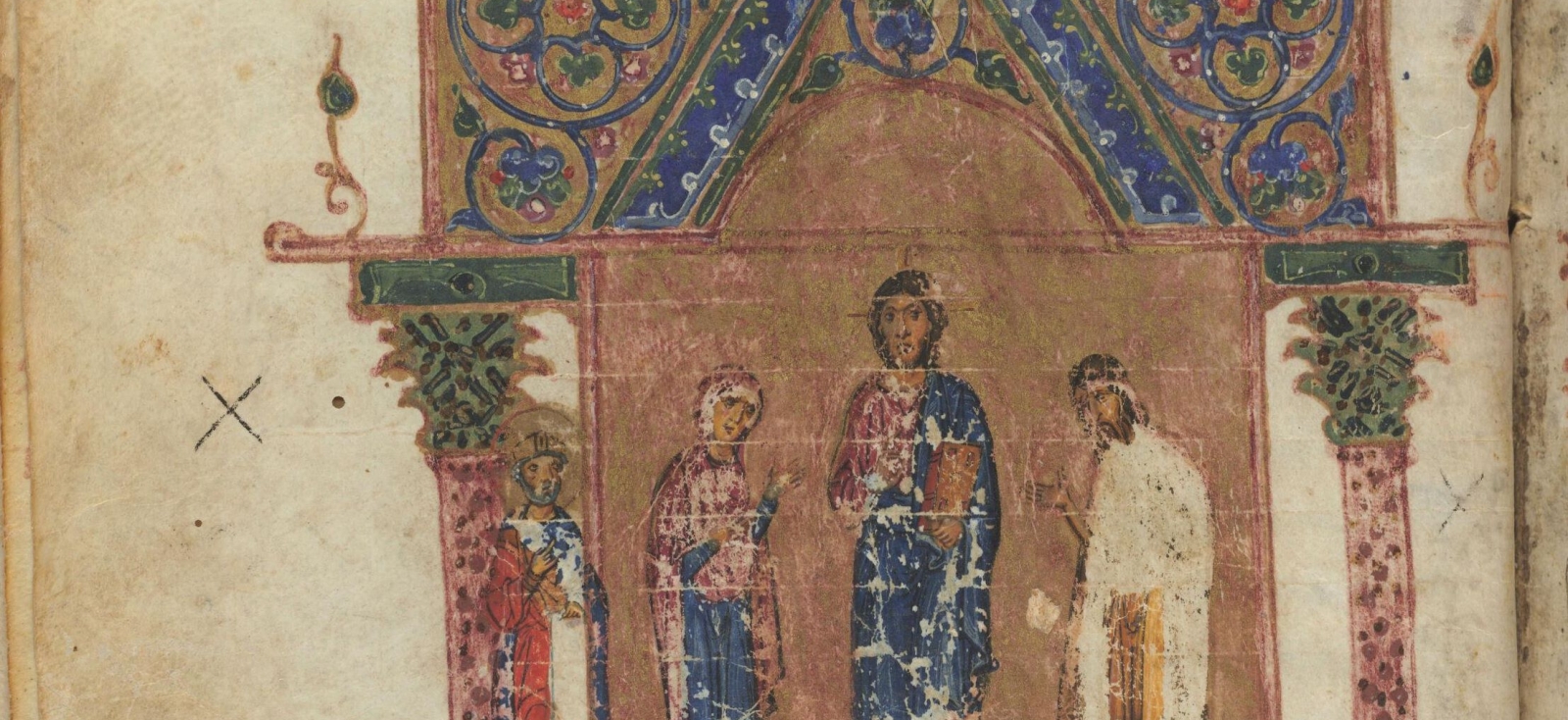 Full-page miniature: Christ in Majesty, flanked by St. John the Baptist and the Virgin Mary