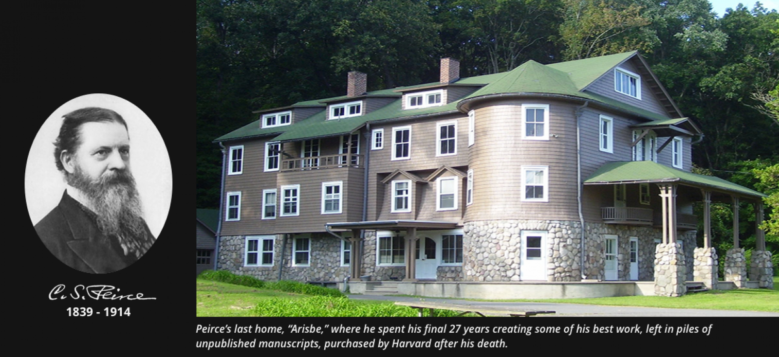A Portrait of Charles S. Peirce alongside an image of his his final home, Arisbe. He spent his last 27 years there creating some of his best work, which was left in piles of unpublished manuscripts and purchased by Harvard after his death.