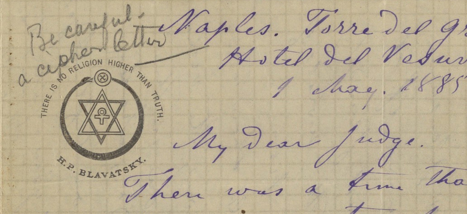 Letterhead from Madame Blavatsky to Mr. Judge "There is no religion higher than truth" 