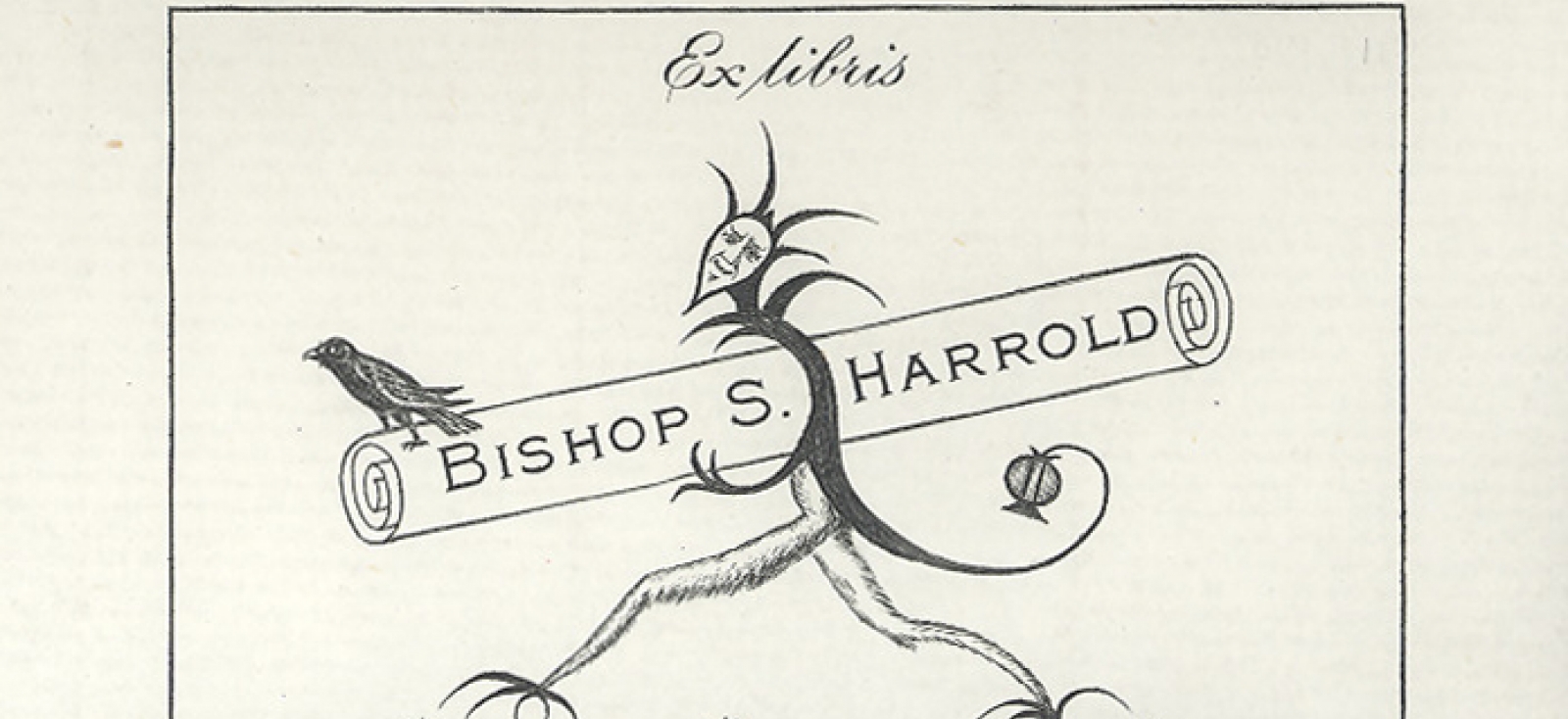 Bookplate illustration of a figure carrying a scroll that reads "Bishop S. Harrold"