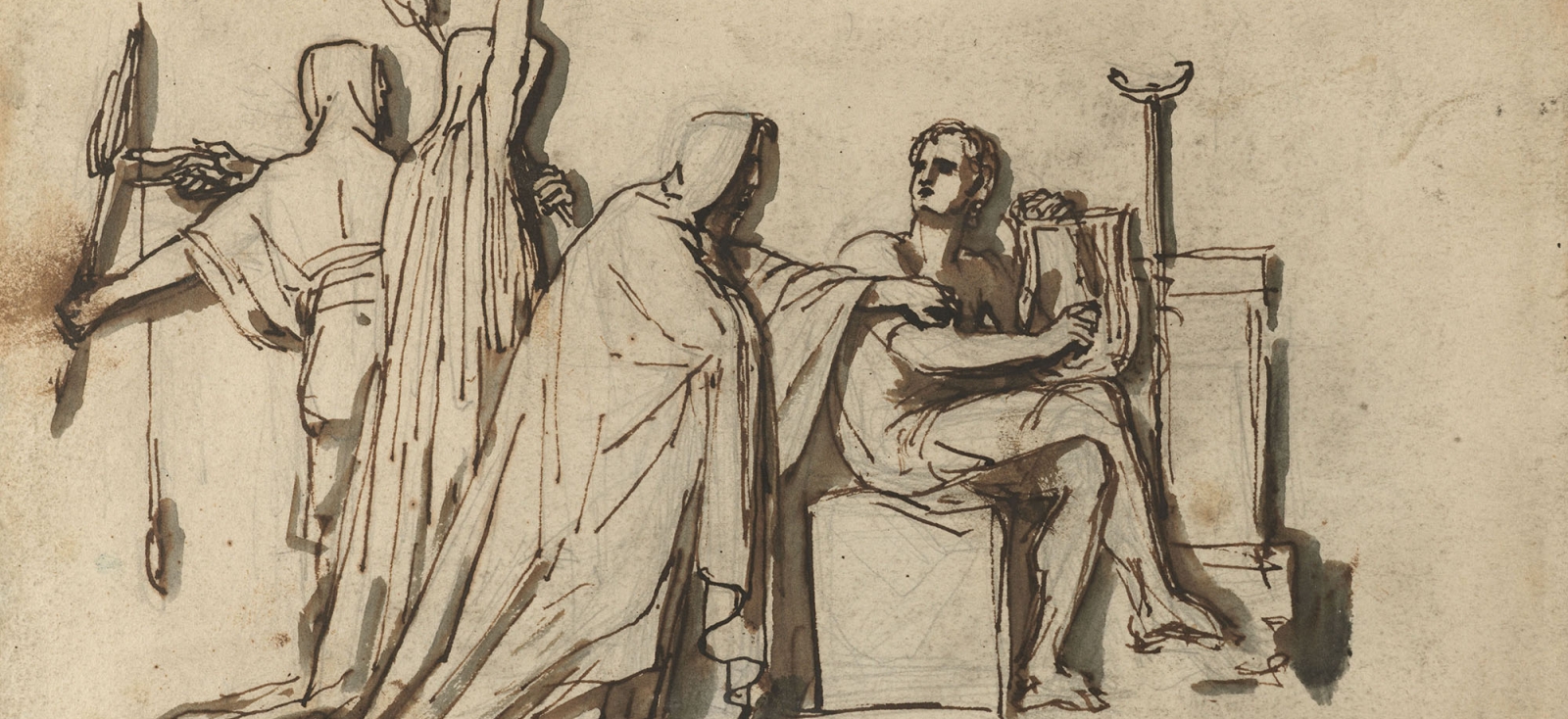 Joseph Severn. Design for a memorial to Keats, “The fates seizing Keats.” Ink on paper, ca. 1822.