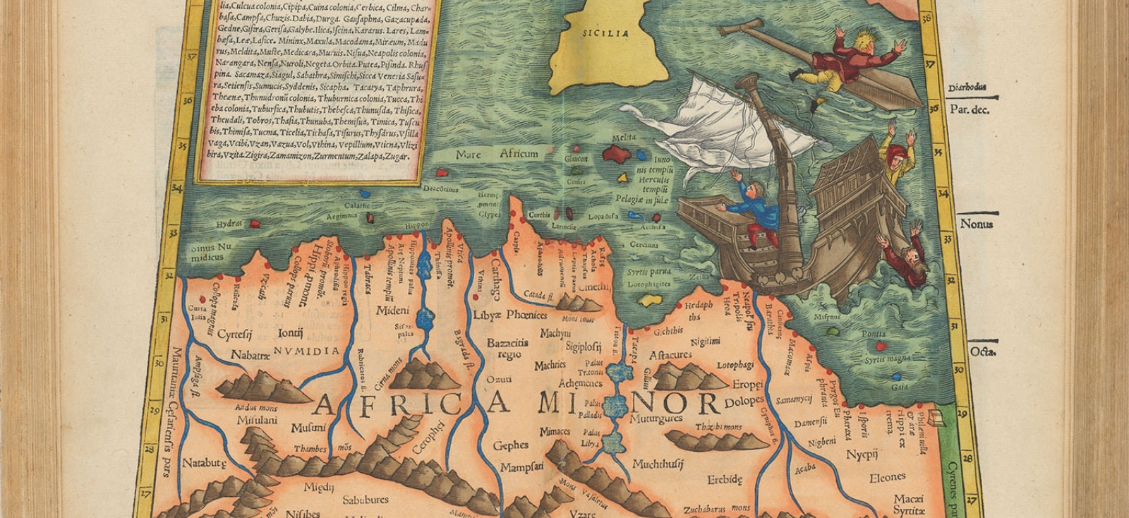 Ptolemy, 1542 Basel edition: A map of Northern Africa in which four people are jumping from a crashing ship.