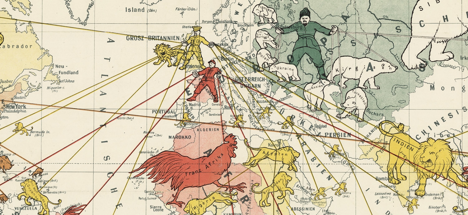 F. Klimesch, "Was von der Entente übrig bliebe...", 1919: German propaganda map objecting to Allied colonialism by showing Russian, English, and French men holding animals throughout the world on leashes.