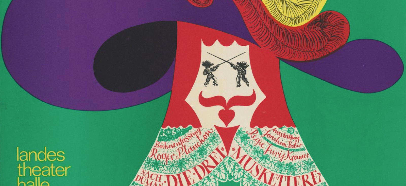 A German poster for "The Three Musketeers" depicting a musketeer colorfully and exaggeratedly 