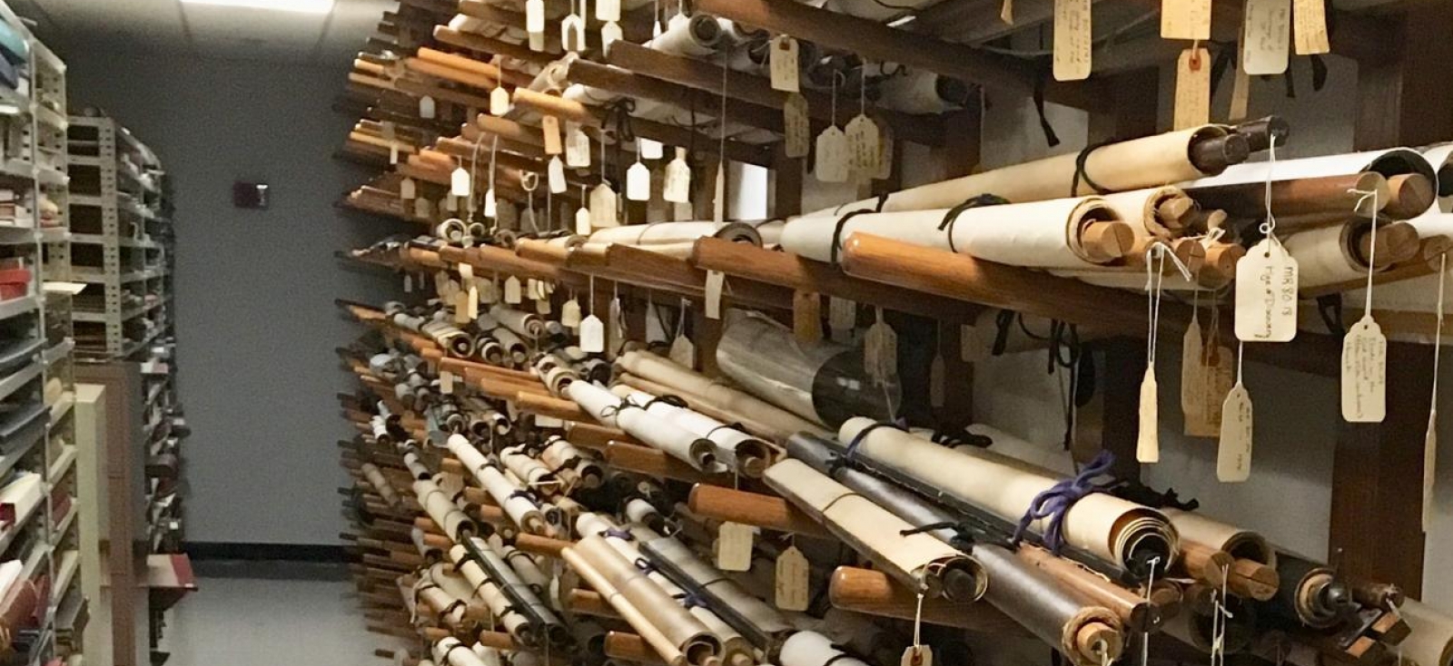 One section of the wall maps collection stored in the Harvard Map Collection in 2018.