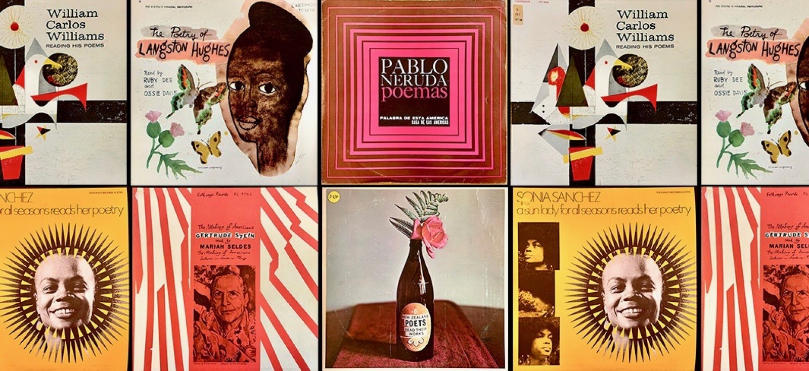 A colorful array of album covers for records featuring the poetry of Langston Hughes, Pablo Neruda, Sonia Sanchez, Gertrude Stein, William Carlos Williams, and a compilation of New Zealand poets.