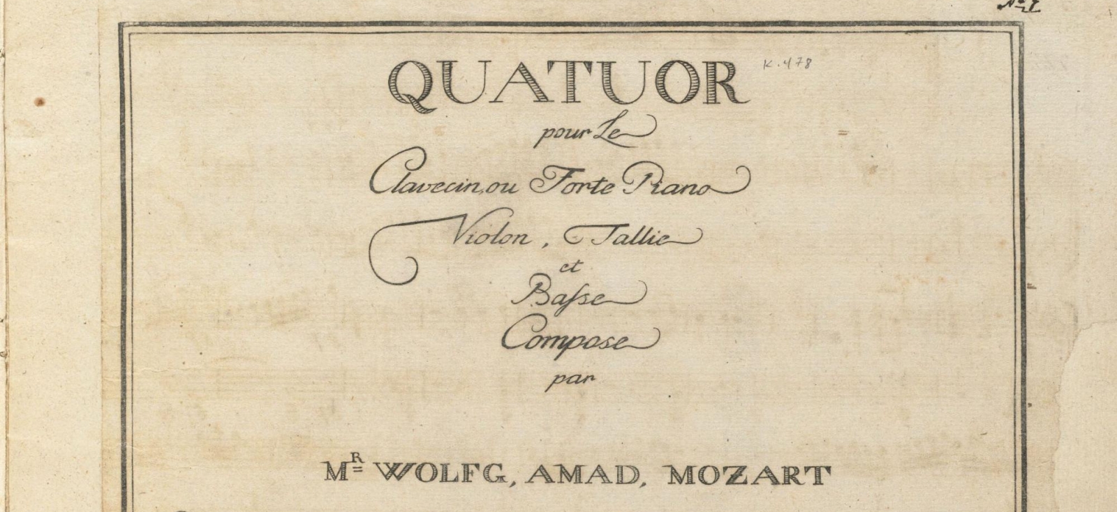 Mozart's quartet for piano and strings in G minor, K. 478. A first edition print, published in Vienna in 1785. 