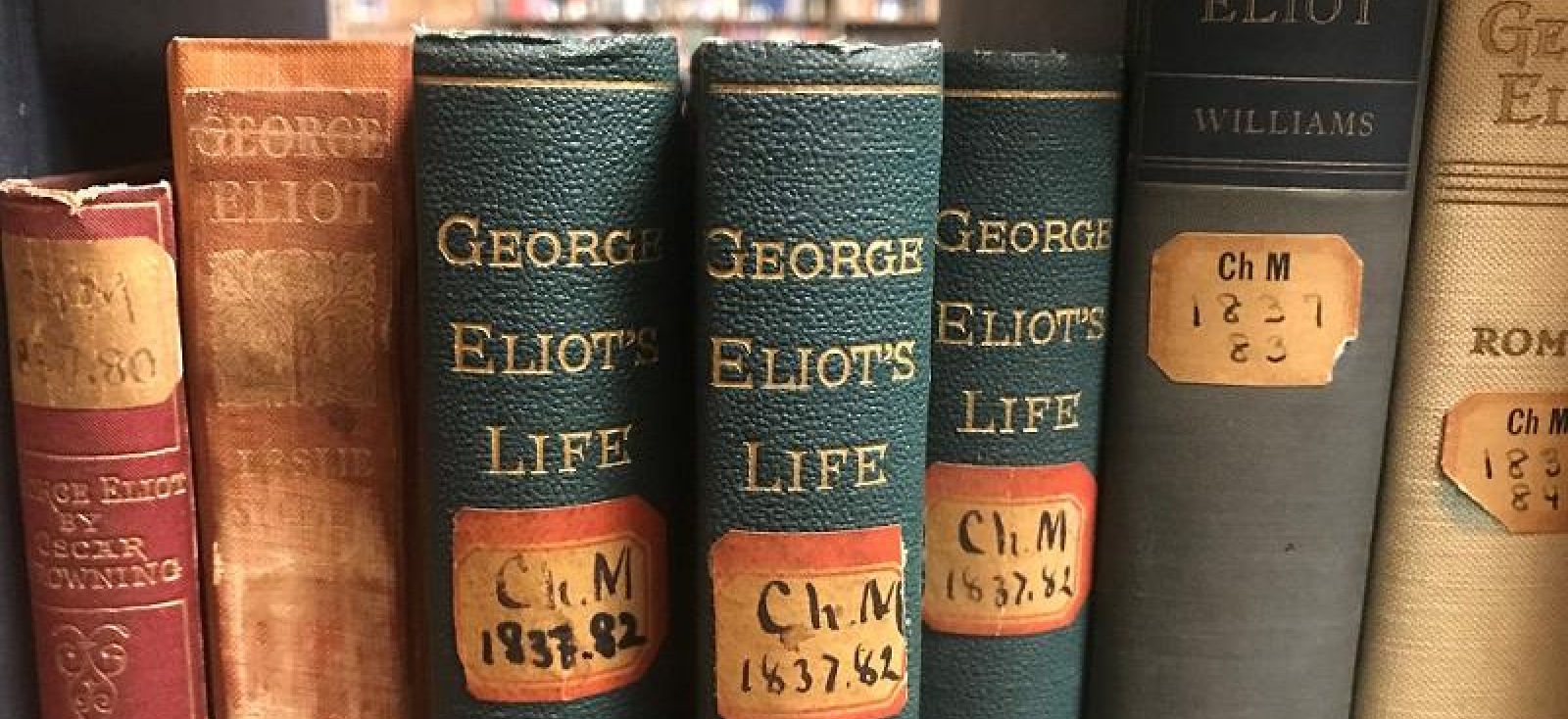Books about George Eliot's Life on the shelves of the Child Memorial Library.