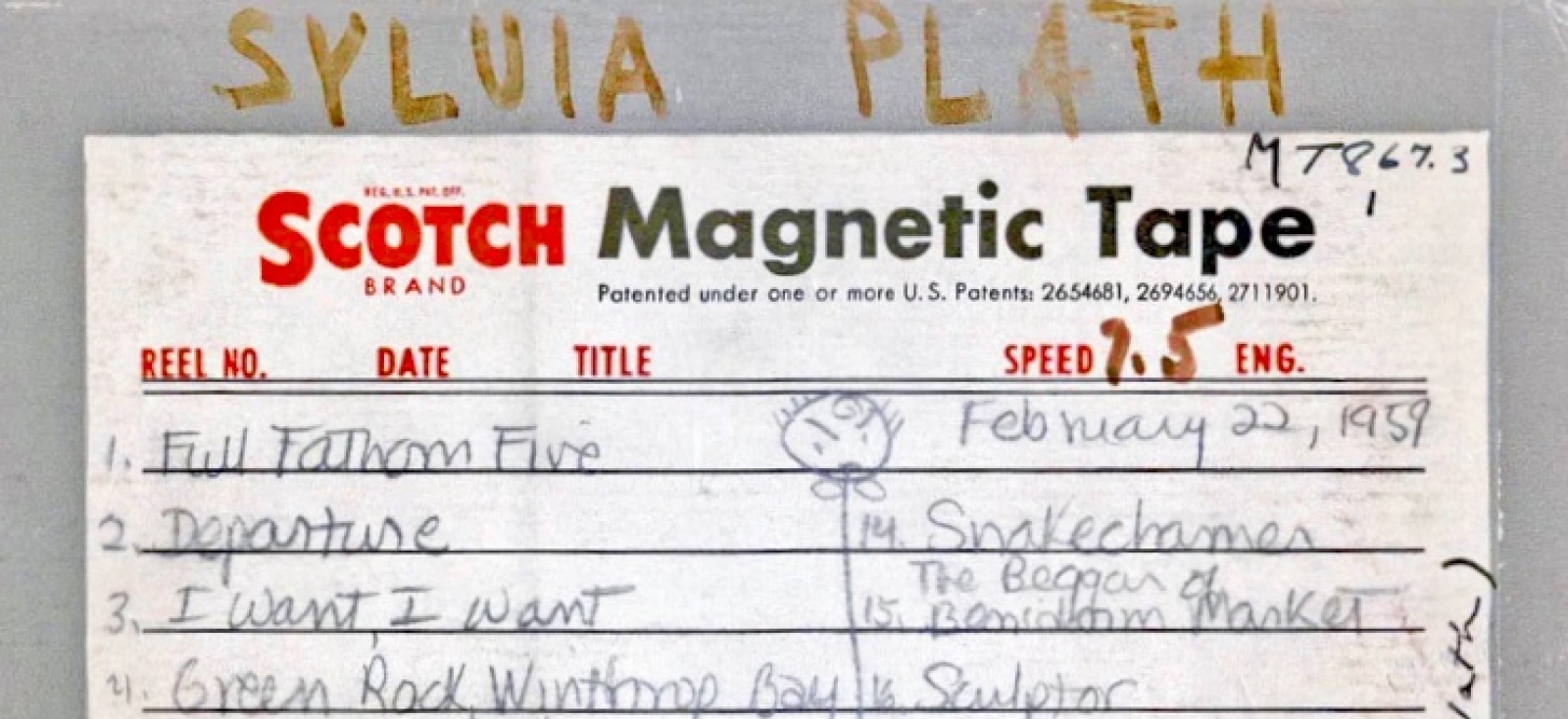 Handwritten notes on a Sylvia Plath reel-to-reel tape