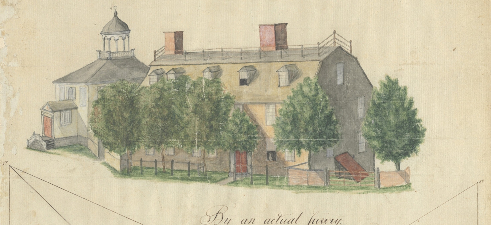 A hand-drawn and hand-colored illustration of several buildings, surrounded by calculations and figures.