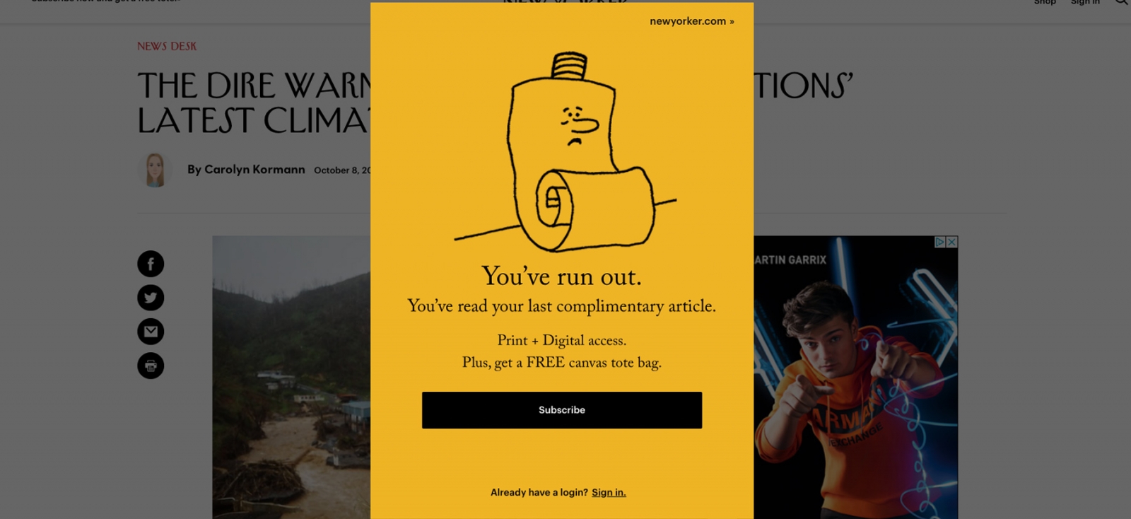 A screenshot of the newyorker.com after hitting the paywall and asking to subscribe for article access. 