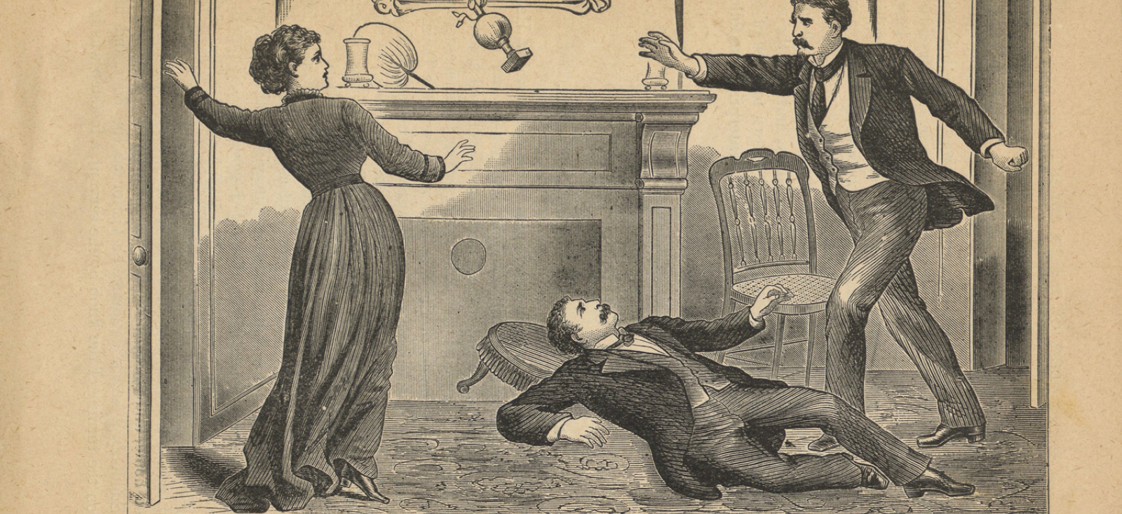 A illustration of a man throwing a lamp at a woman's head after having pushed a man to the ground. 