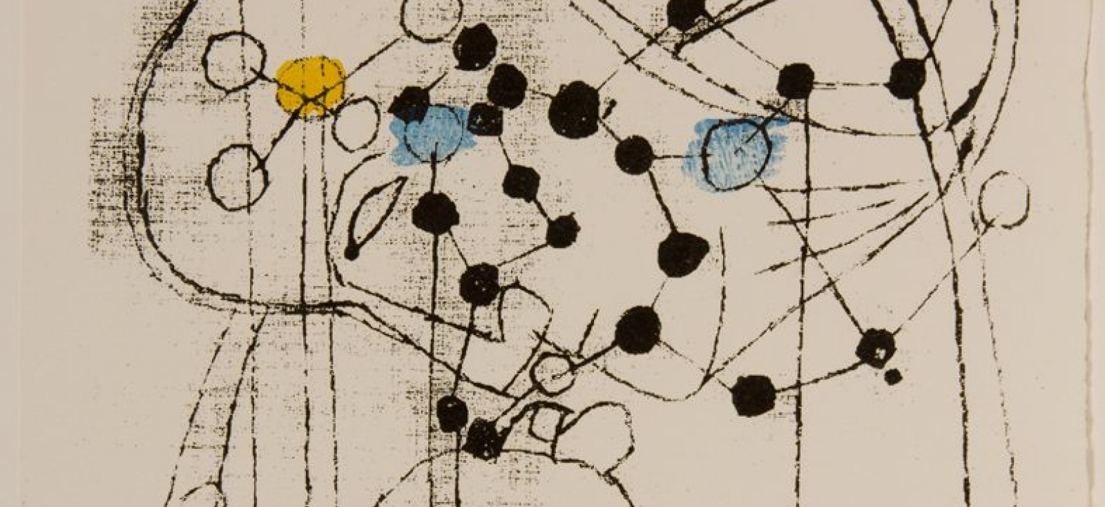 Detail of screen print with watercolor. A figure in abstract form showing profile with the face tilting down. Circle shapes placed over the figure are connected with lines.