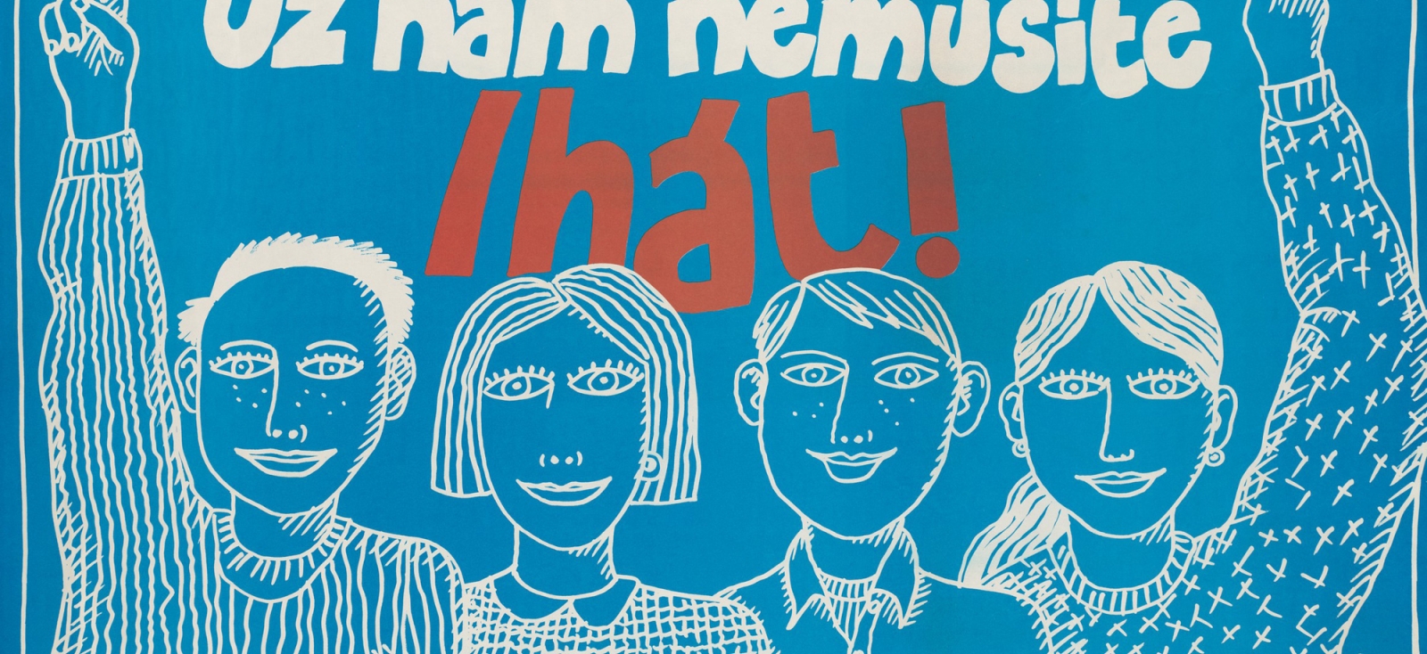 A drawn poster in which four people stand, two holding up peace signs, under some text.