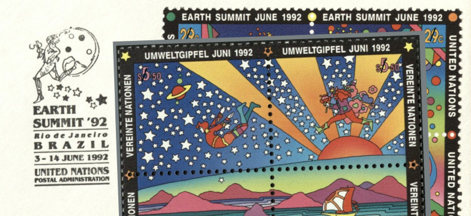 Peter Max-designed postage stamps, Rio Earth Summit. 