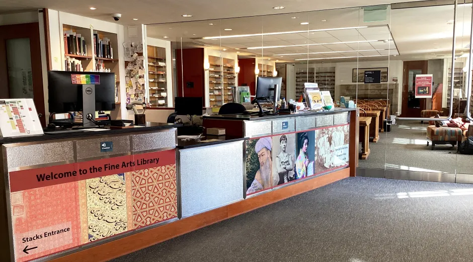The entrance and help desk at the Fine Arts Library