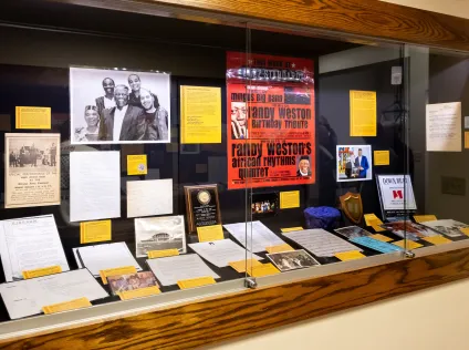 A display case from the Randy Weston exhibit at Loeb Music Library.
