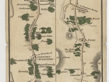 Old-style map depicting roads from Dublin to Wexford, green trees dot the roads