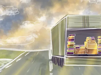 An illustration of a truck on a wide open road. The back of the truck is open and you can see that back is filled with books.