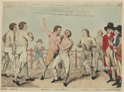 A boxing match, the Mendoza-Humphries 1790 rubber match, with Mendoza holding his fist in the air while Humphries has a bloody nose. There are others in the ring with them, watching.
