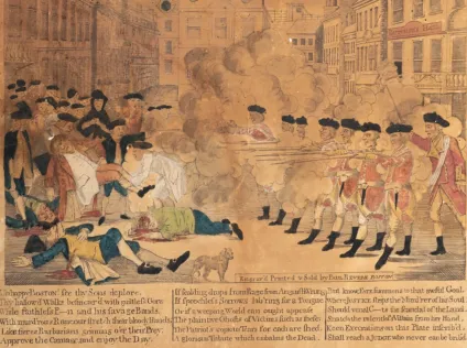 A broadsheet of the British army, uniformed troops in a line, firing at colonial Americans.
