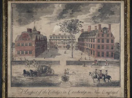 A 1726 engraving showing the Harvard Campus landscape.