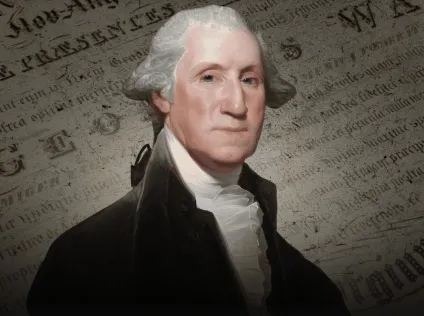 A portrait of George Washington. In the background is the image of his honorary degree.