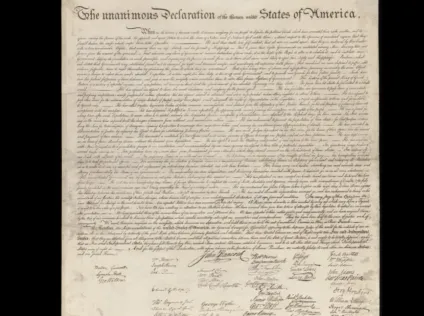 An image of an original copy of the Declaration of Independence of the United States, signed by its signers.