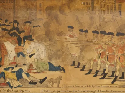 An illustration of the Boston Massacre, with British Redcoats firing at a group of unarmed Bostonians.