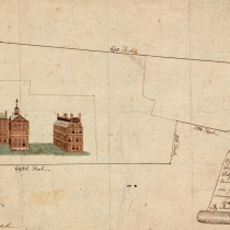 A 1784 drawing of a plan for Harvard College buildings and adjoining land. 