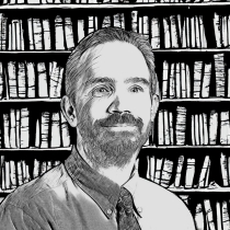 portrait drawing of white cis bearded man with tie with bookshelves in background