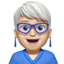 Drawing of woman with short white hair and large blue glasses
