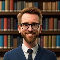 Cartoon drawing of a librarian who looks suspiciously like Daniel Becker, standing in front of a wall full of bookshelves.