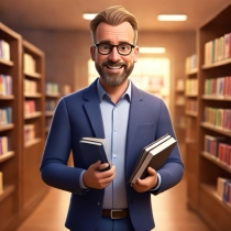 A cartoon librarian who mildly resembles Daniel Becker, standing in a library aisle, holding several books in his hands, and smiling excitedly..