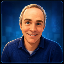 stylized digital portrait with blue background of light-skinned man with short hair in blue button down shirt