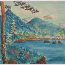 A drawing of a winter landscape, including trees and mountains