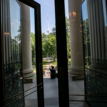 The front doors of Widener Library